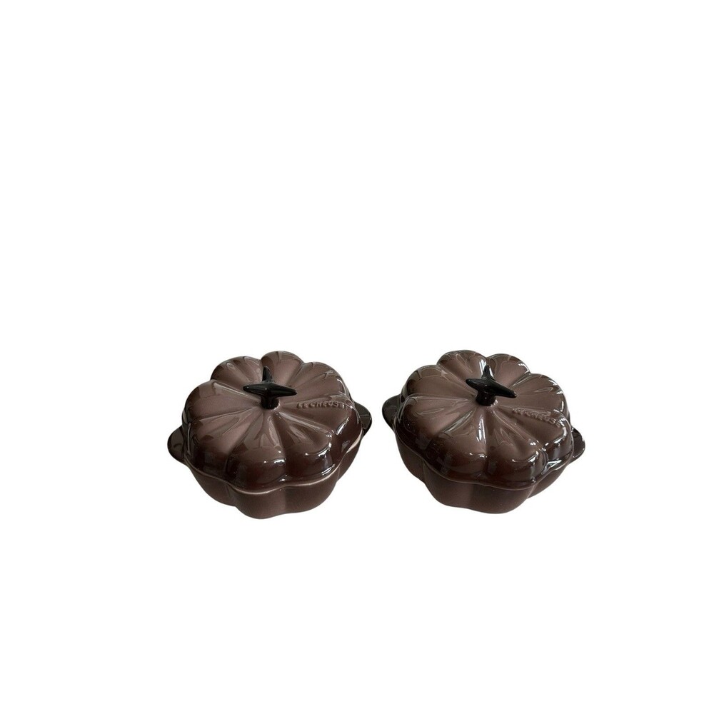 Set Of 2 Le Creuset Rare Cacao Brown Pumpkin Mini Cocotte Covered Dish 12 oz